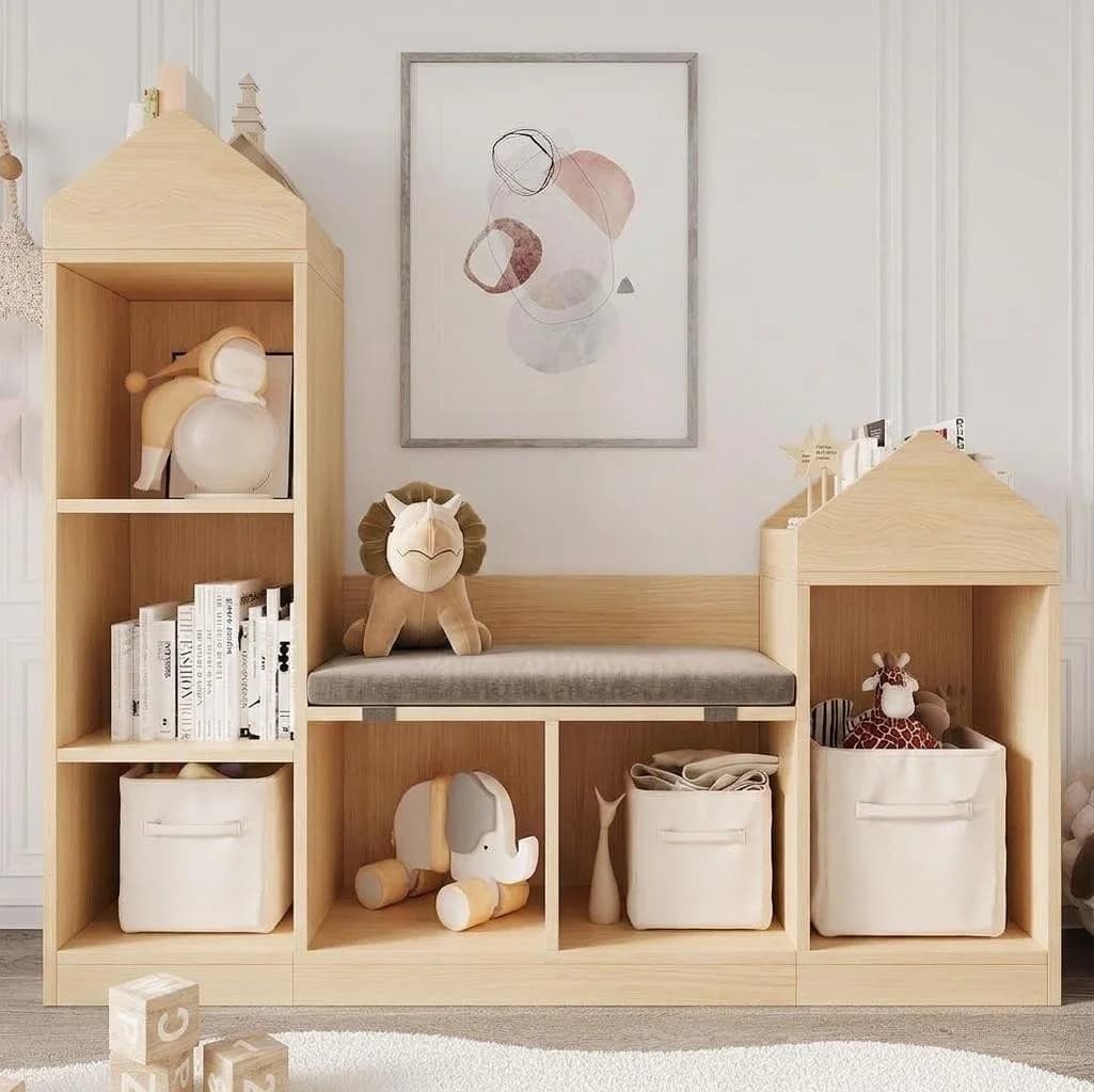GarveeMore Kinderregal mit 6 Fächern und Sitzkissen Burgdesign