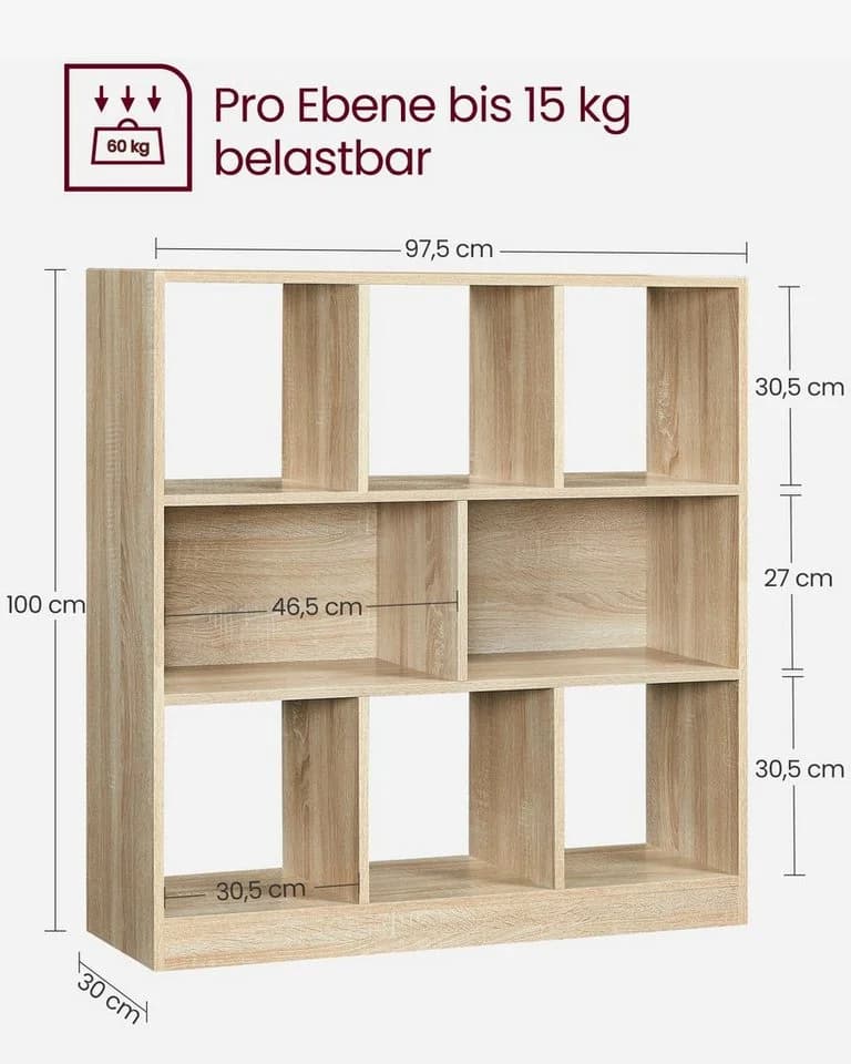 VASAGLE Bücherregal 8 Fächer Weiß Vintage Eiche Standregal