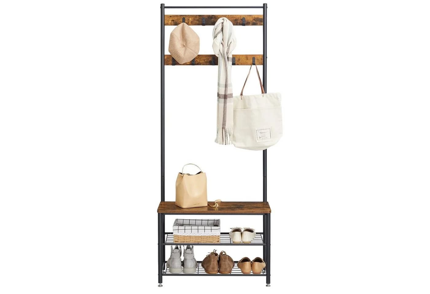VASAGLE Garderobenständer mit Schuhbank 3-in-1 Design Braun/Schwarz - Bild 2