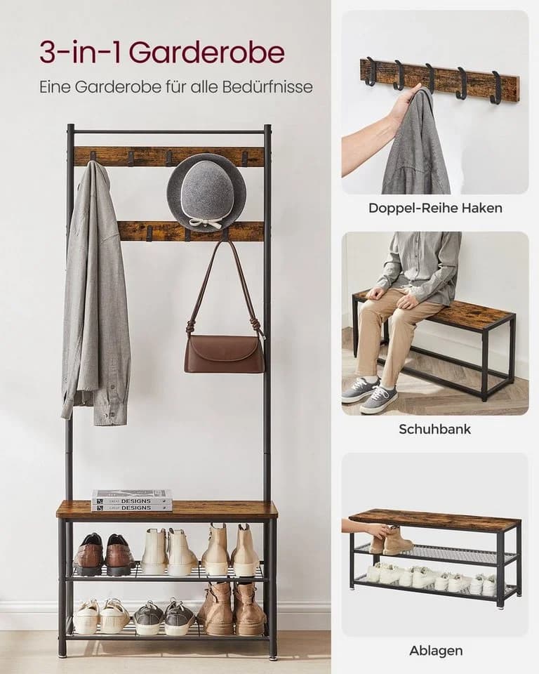 VASAGLE Garderobenständer mit Schuhbank 3-in-1 Design Braun/Schwarz - Bild 3
