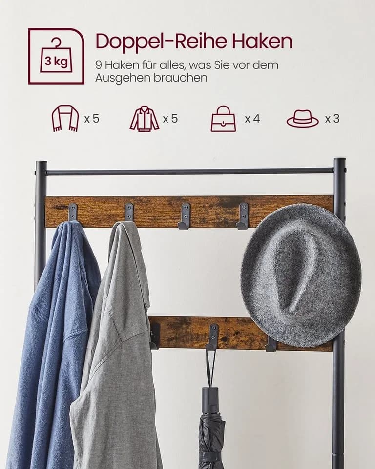 VASAGLE Garderobenständer mit Schuhbank 3-in-1 Design Braun/Schwarz - Bild 4