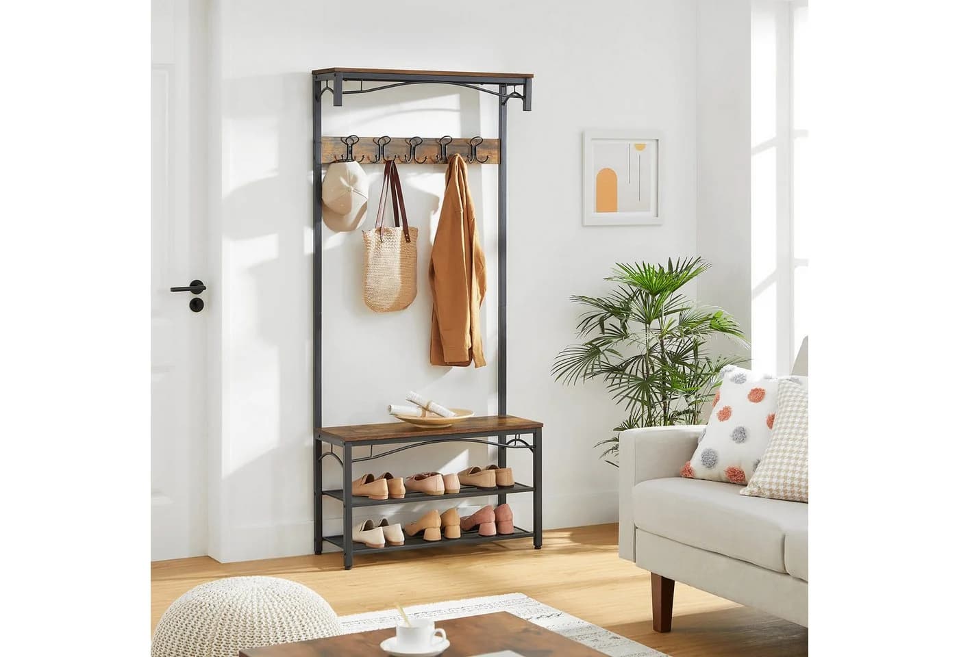 VASAGLE Garderobe mit Sitzbank und Ablage Vintagebraun-Schwarz