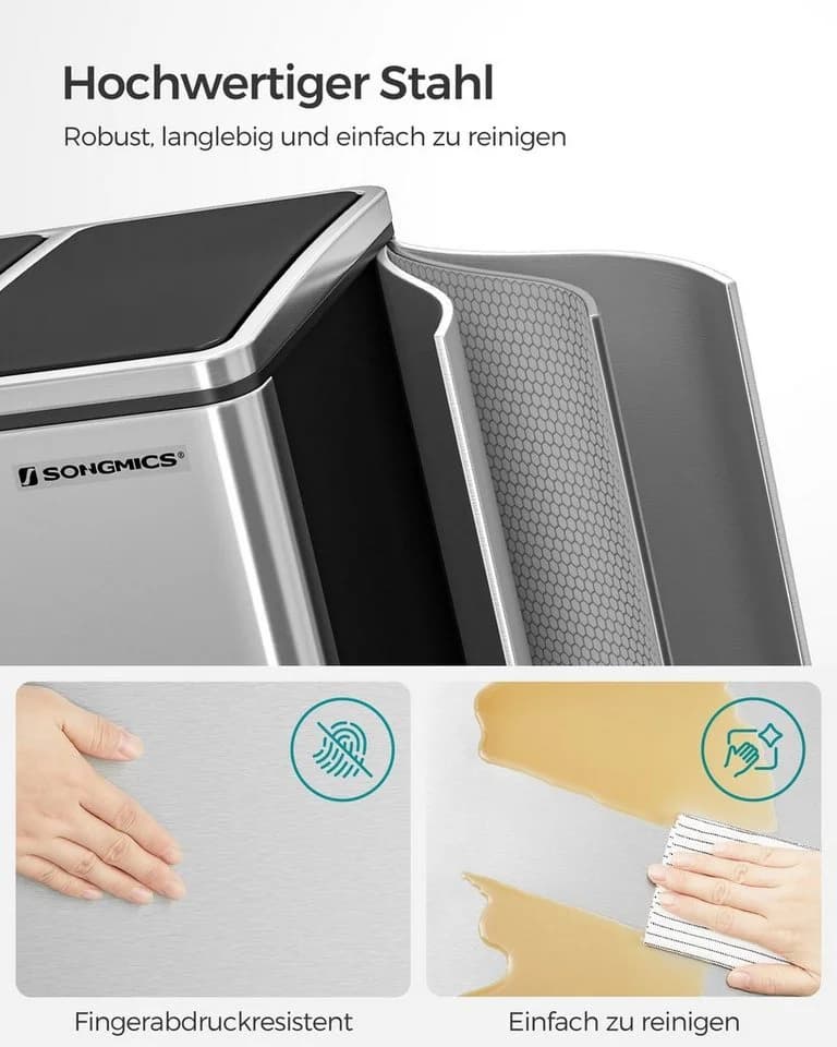 SONGMICS Mülltrennsystem 3x18L Silber Edelstahl - Bild 3