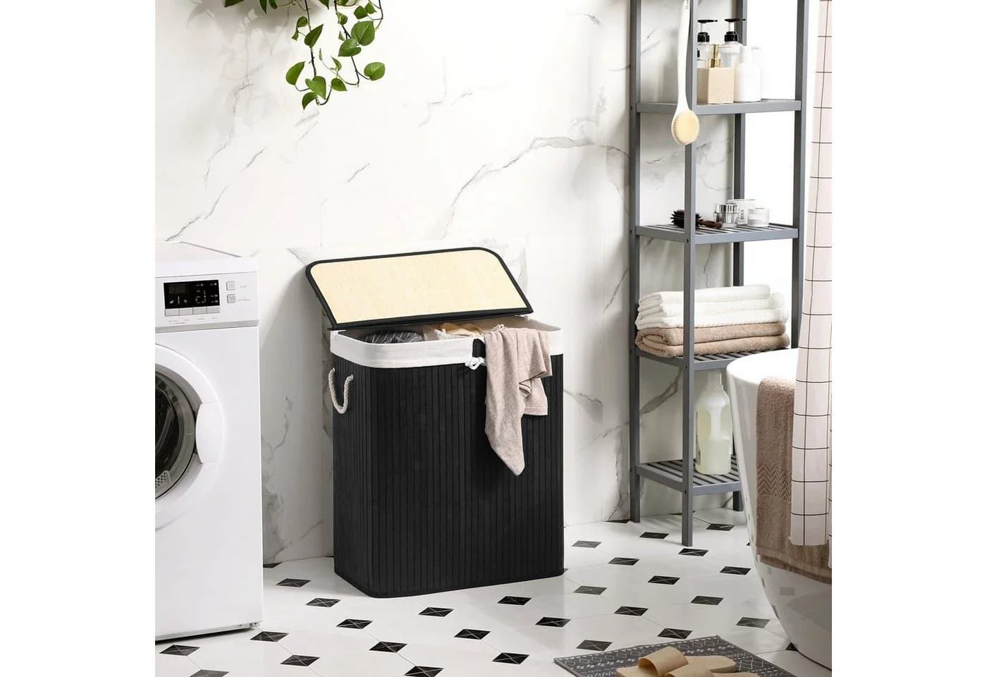 SONGMICS Wäschekorb 2 Fächer 100 L Faltbar mit Deckel Schwarz - Bild 3