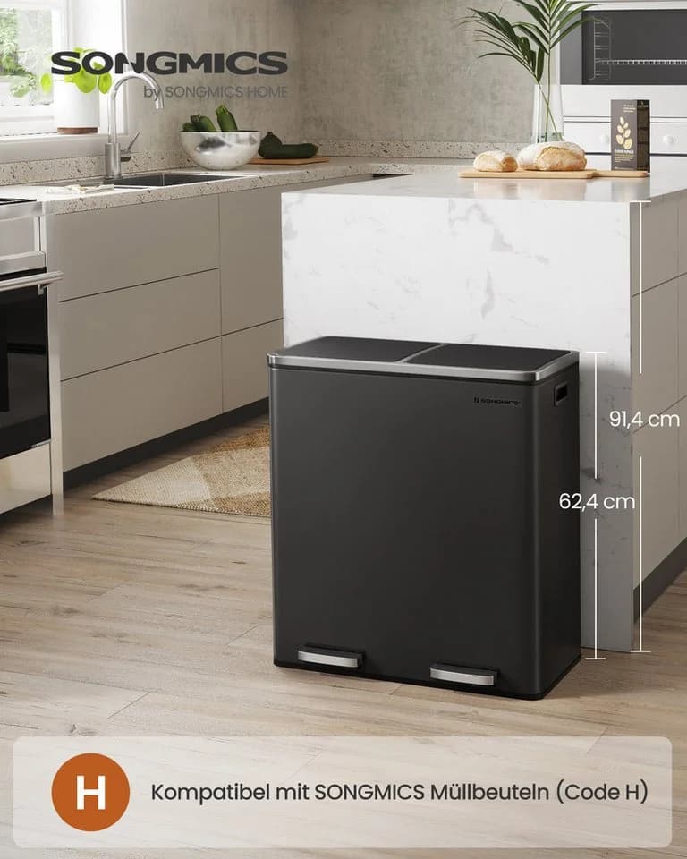 SONGMICS Mülltrennsystem Treteimer 2x30L Grau Schwarz Softclose