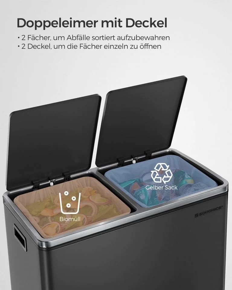 SONGMICS Mülltrennsystem Treteimer 2x30L Grau Schwarz Softclose - Bild 3