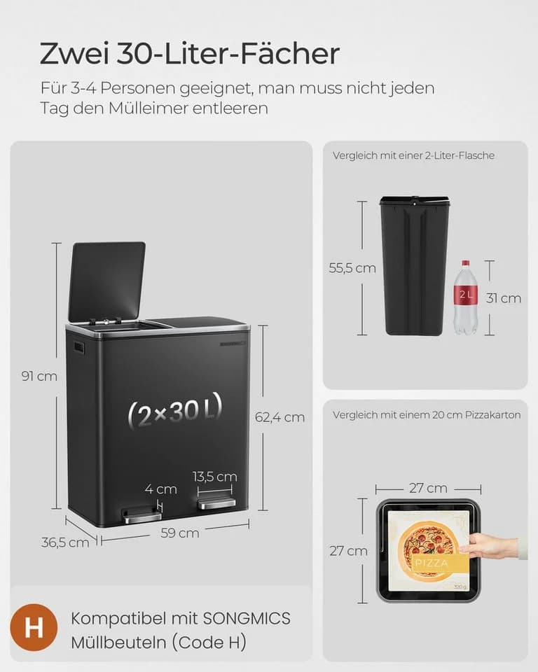 SONGMICS Mülltrennsystem Treteimer 2x30L Grau Schwarz Softclose - Bild 5