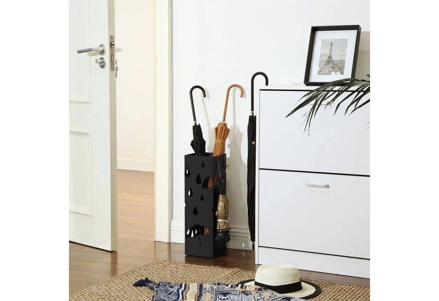 SONGMICS Schirmständer mit Wasserauffangschale und Haken Schwarz