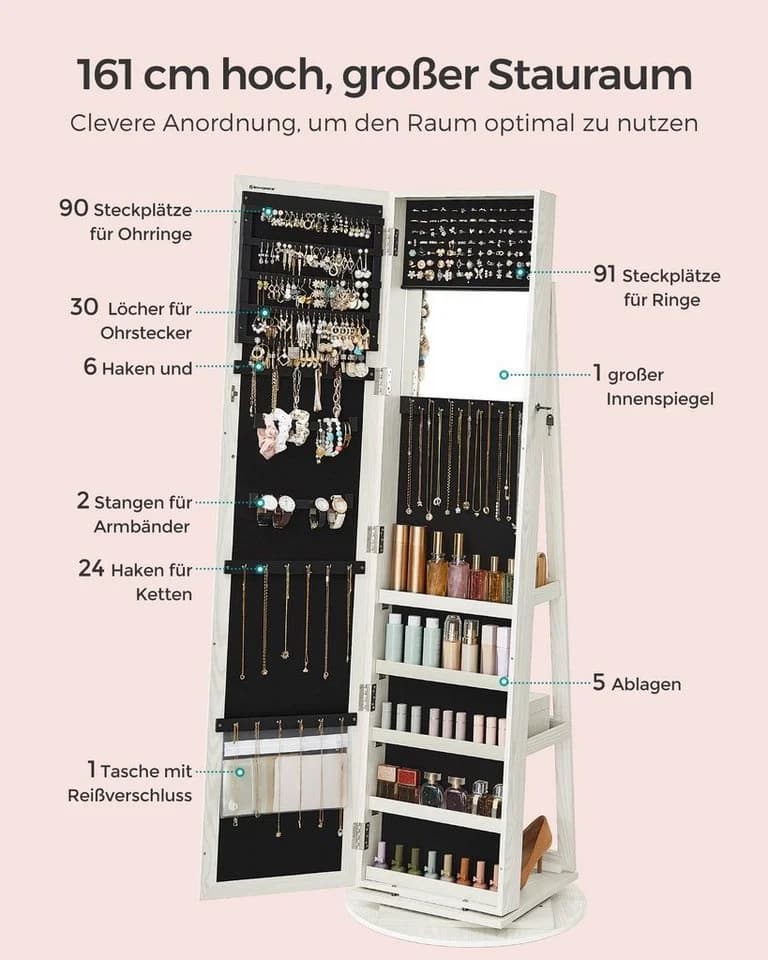 SONGMICS Schmuckschrank mit Standspiegel Weiß/Grau - Bild 4