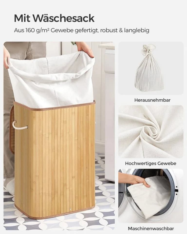 SONGMICS Wäschekorb mit Deckel Bambus Faltbar 72 Liter - Bild 4