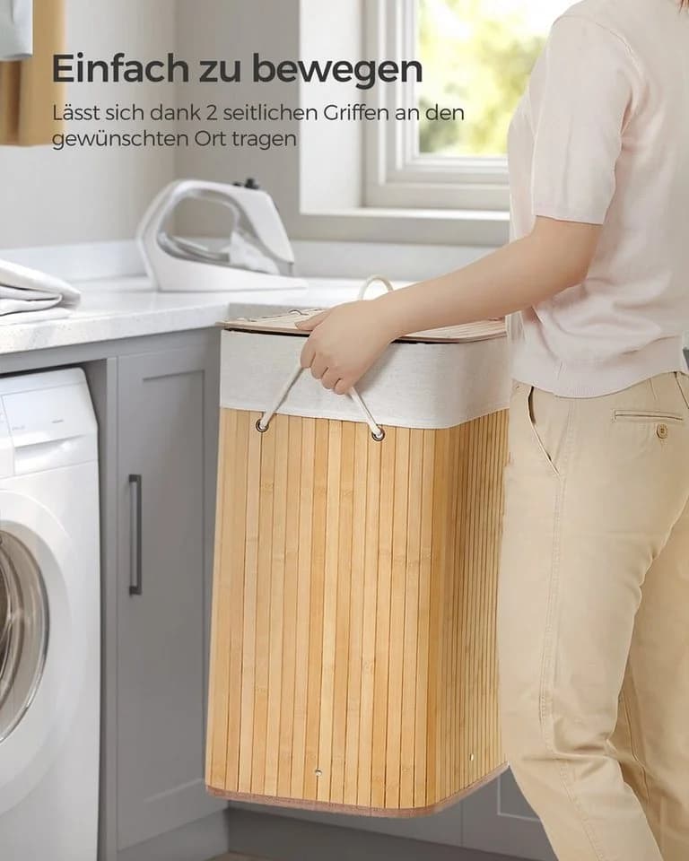 SONGMICS Wäschekorb mit Deckel Bambus Faltbar 72 Liter - Bild 5