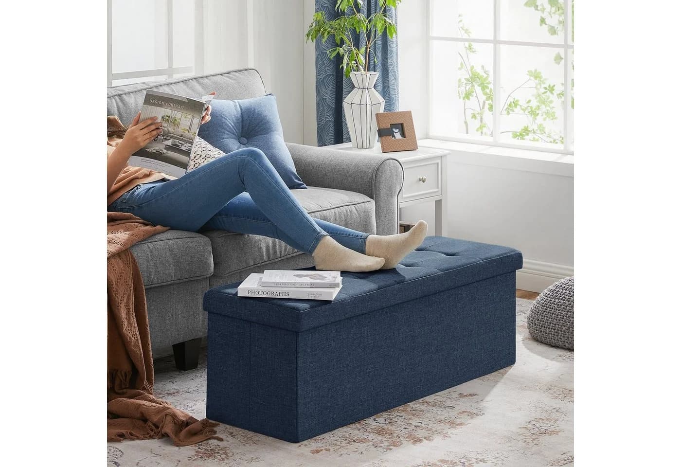 SONGMICS Sitzbank 76/110cm mit Stauraum, klappbare Sitztruhe, Fußbank - Bild 3