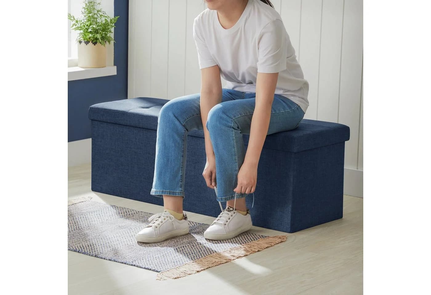 SONGMICS Sitzbank 76/110cm mit Stauraum, klappbare Sitztruhe, Fußbank - Bild 4