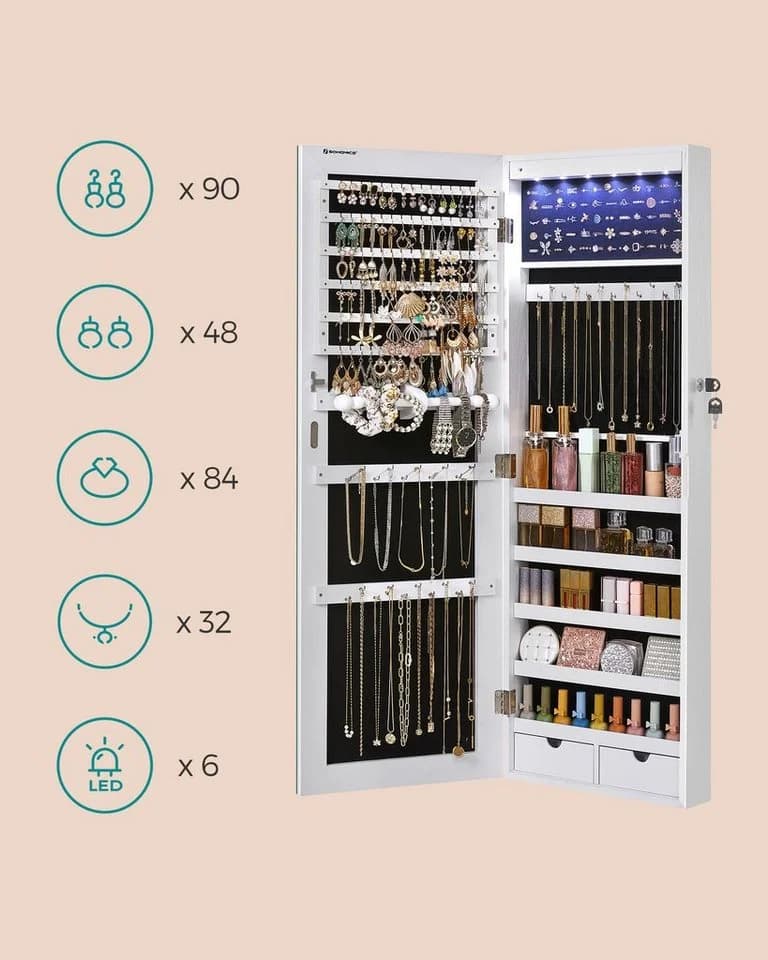 SONGMICS Schmuckschrank mit LED und Ganzkörperspiegel Weiß - Bild 3