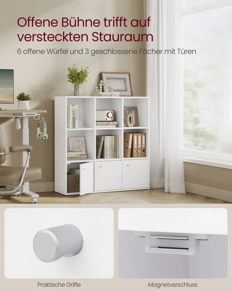 VASAGLE Bücherregal Weiß 3 Fächer mit Türen - Bild 3