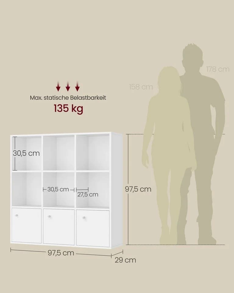 VASAGLE Bücherregal Weiß 3 Fächer mit Türen - Bild 5