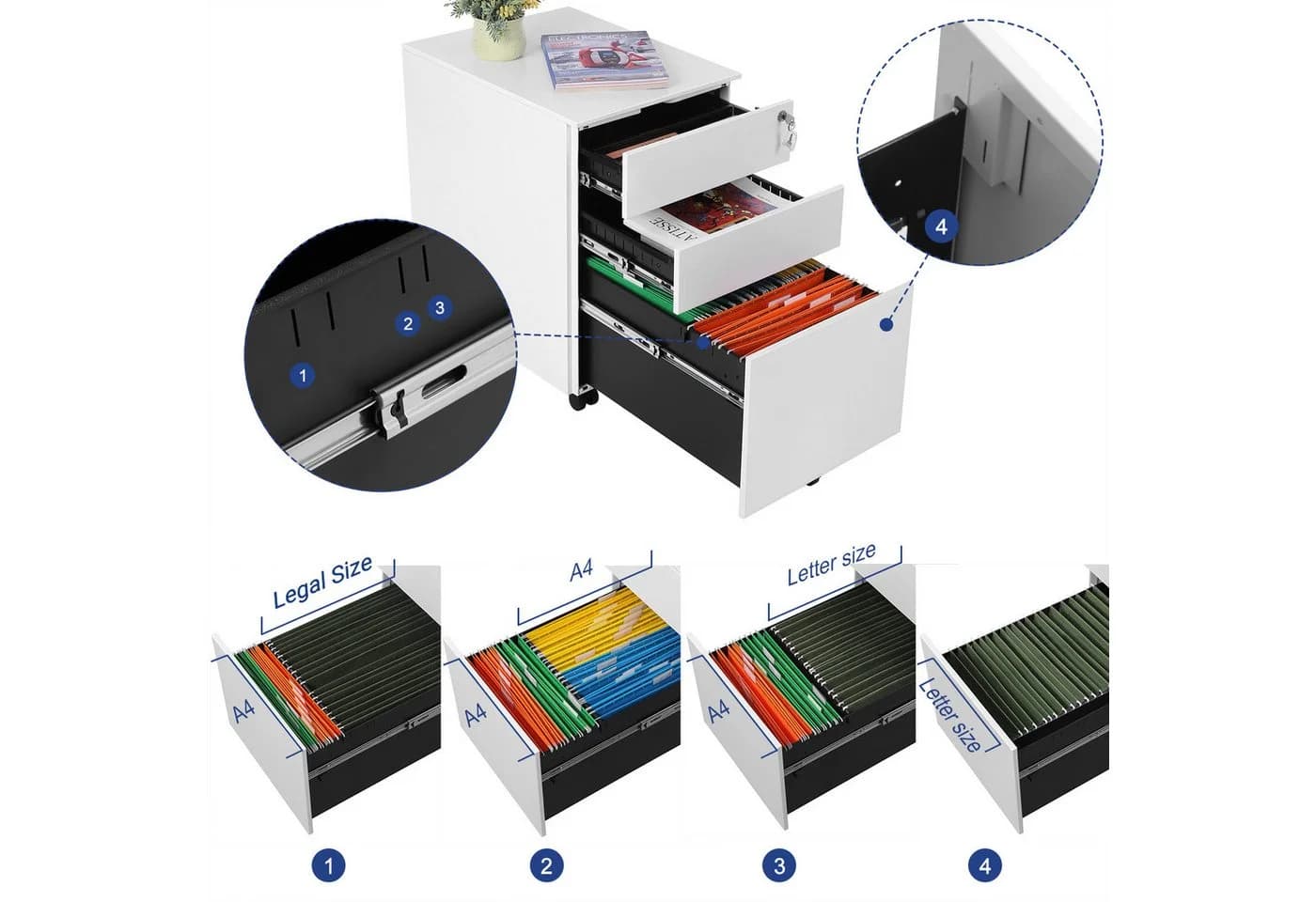 SONGMICS Aktenschrank Rollcontainer, 3 Schubladen, vormontiert, 2 Größen - Bild 3