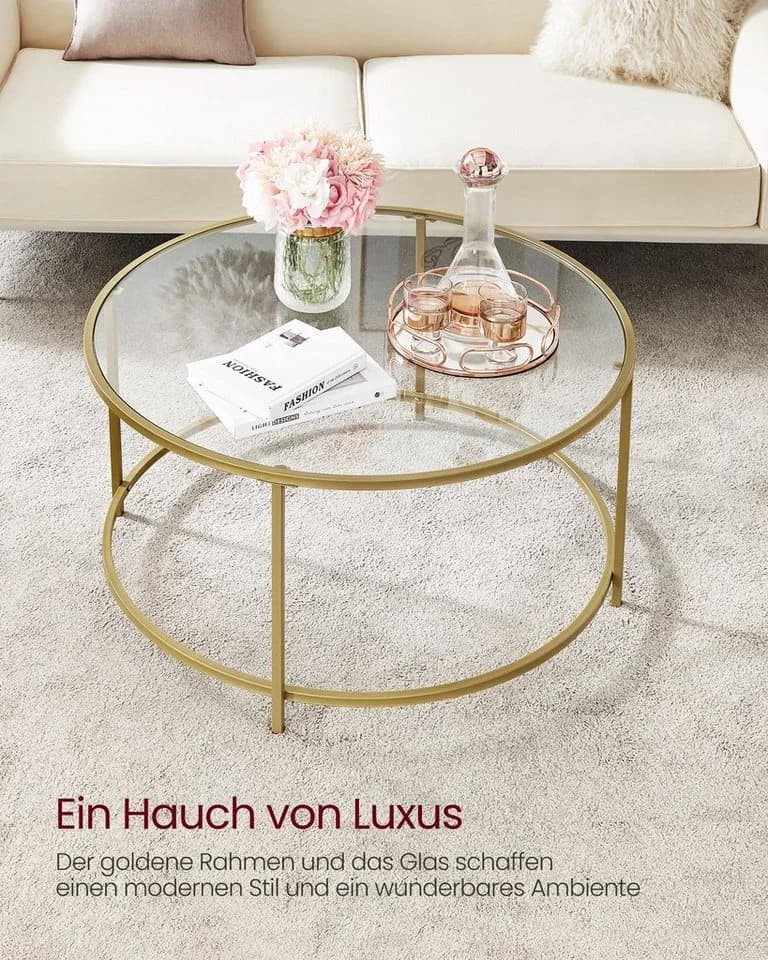 VASAGLE Couchtisch Rund Glas Metall Modern Transparent Gold