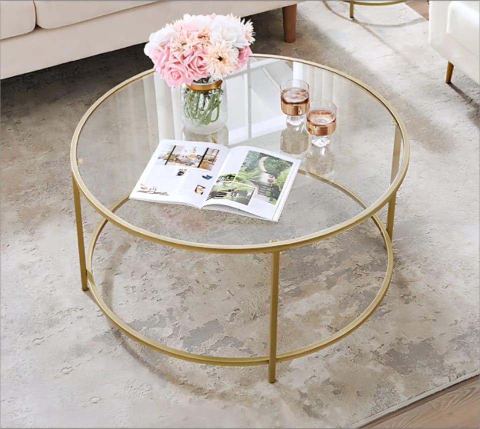 VASAGLE Couchtisch Rund Glas Metall Modern Transparent Gold - Bild 2