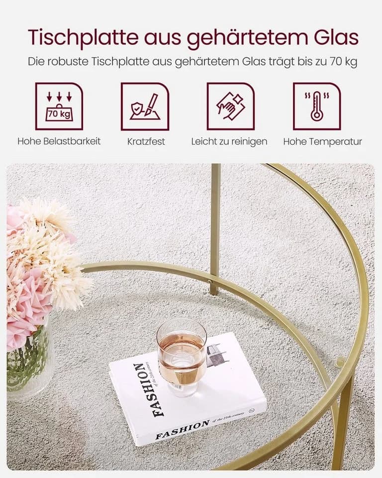 VASAGLE Couchtisch Rund Glas Metall Modern Transparent Gold - Bild 4
