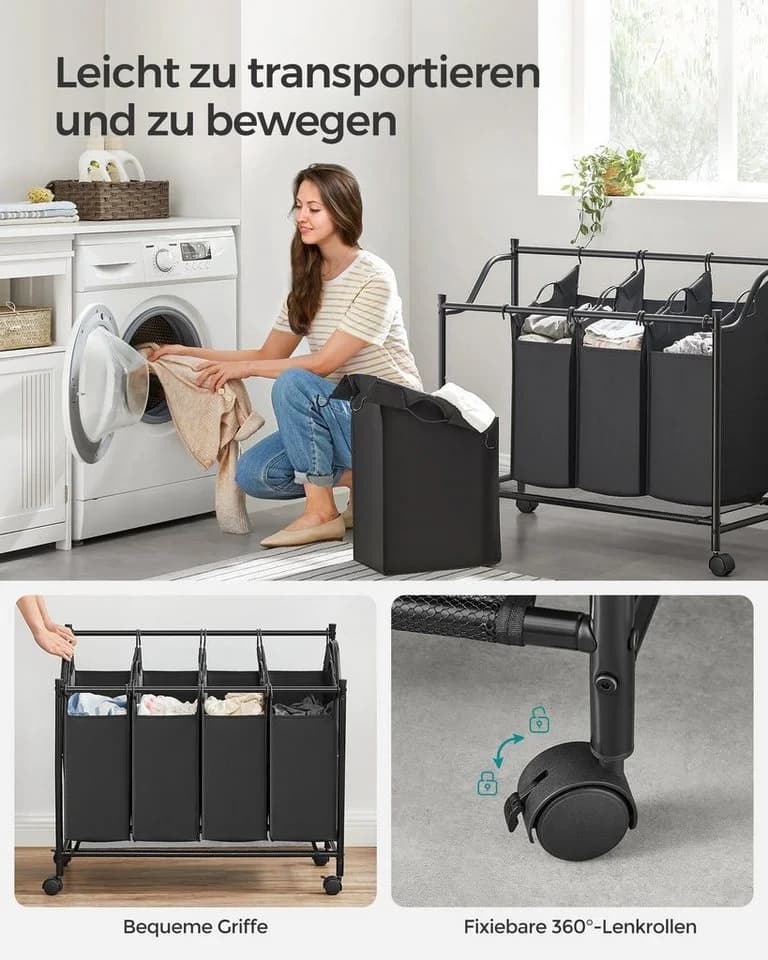 SONGMICS Wäschekorb mit 4 abnehmbaren Taschen Beige/Grau/Schwarz - Bild 5