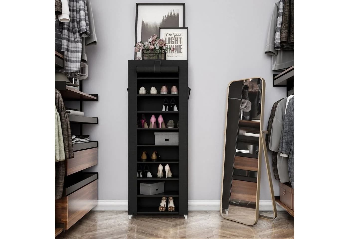 SONGMICS Stoffschrank Schuhschwarz Schwarz mit Ablagen