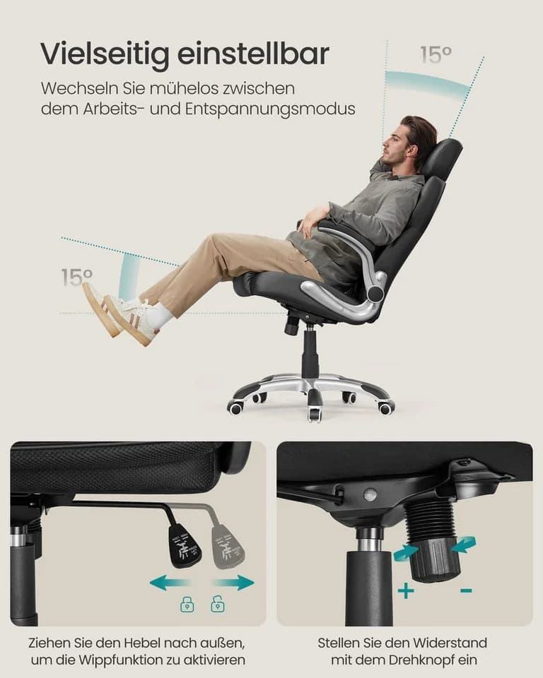 SONGMICS Bürostuhl Schwarz mit Wippfunktion und Universalrollen - Bild 5