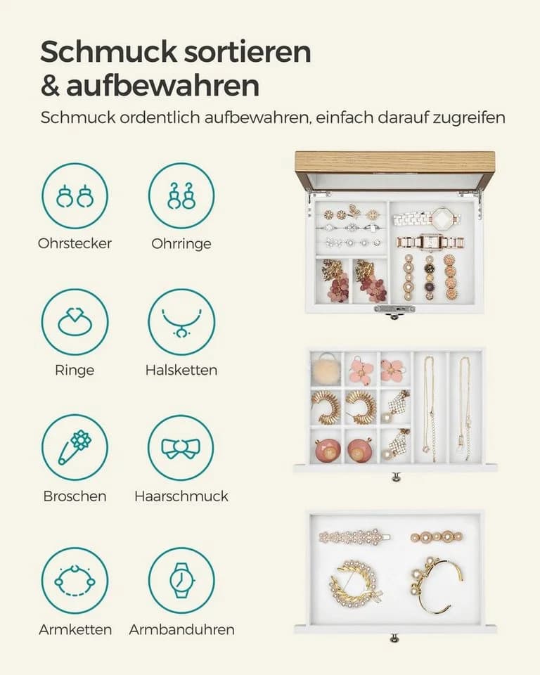 SONGMICS Schmuckkasten Weiß mit Spiegel und Schubladen - Bild 3