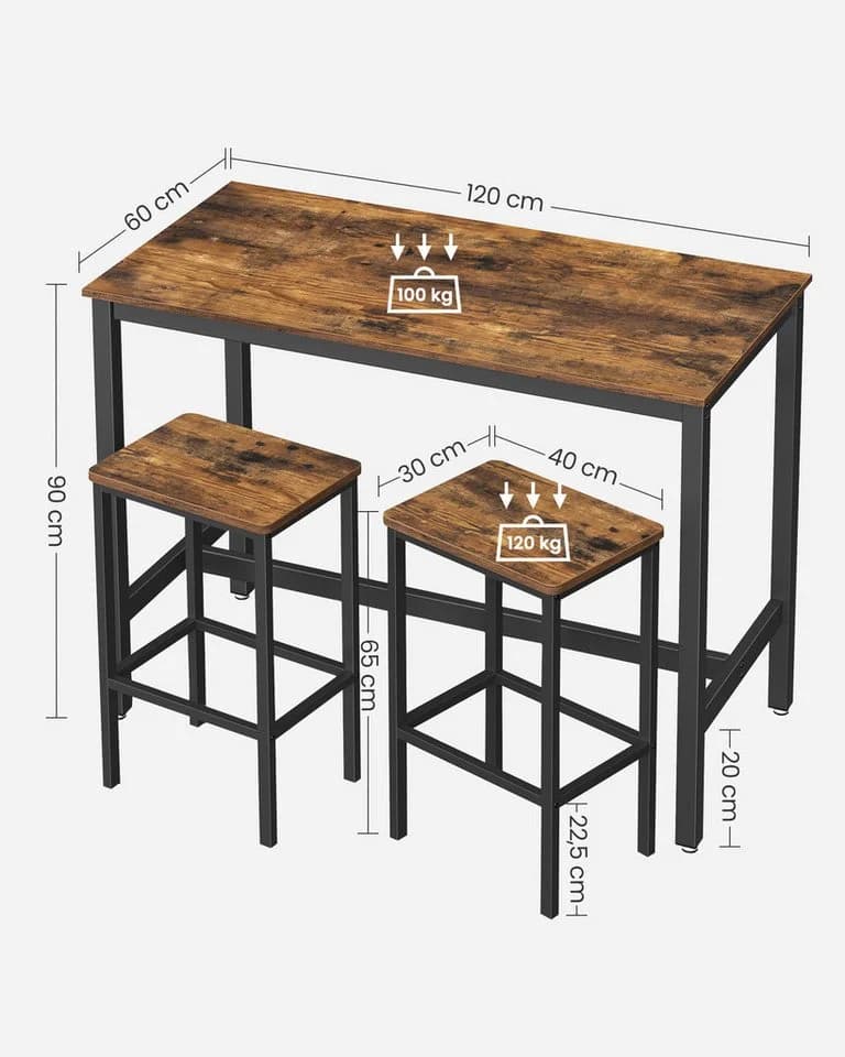 VASAGLE Bartisch-Set mit 2 Stühlen Industrie-Design Dunkelbraun - Bild 3
