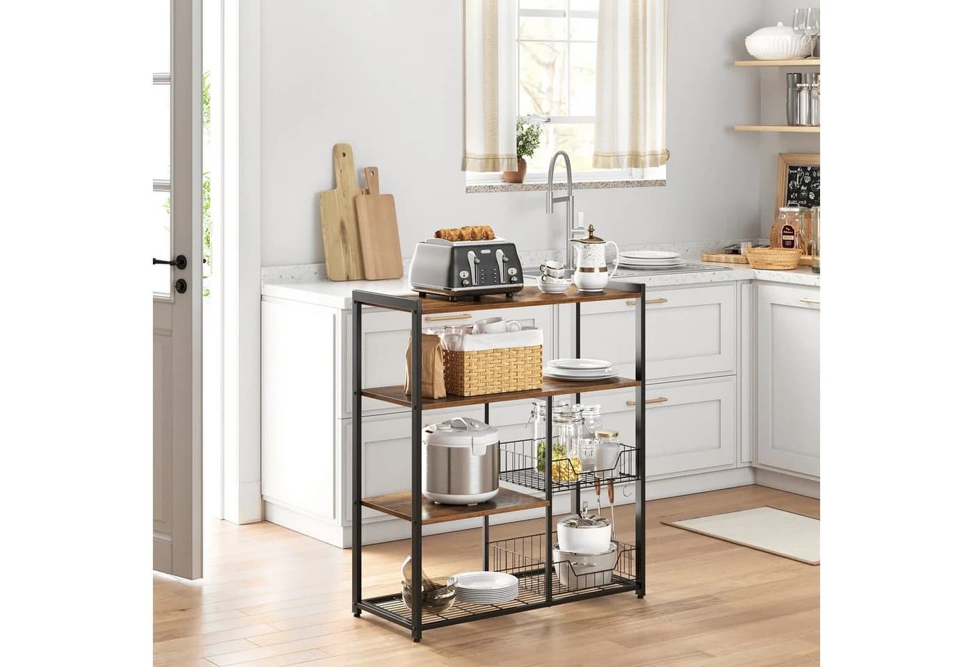 VASAGLE Küchenregal Standregal mit 6 Haken Vintage Braun Schwarz