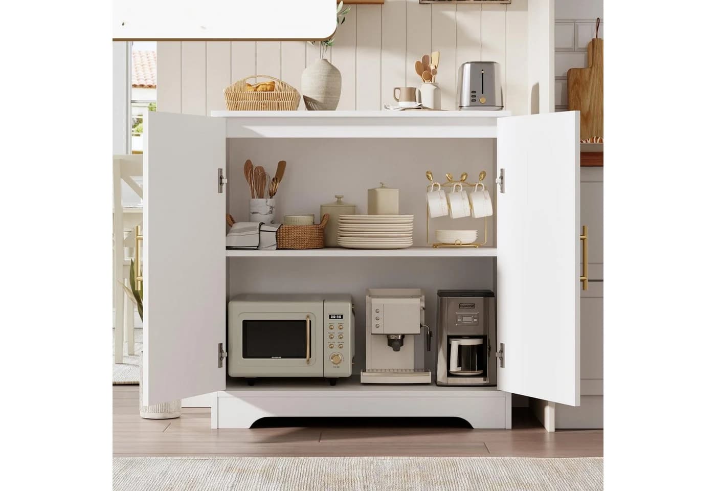 GarveeMore Sideboard Buffet Schrank mit Rattan Türen Weiß - Bild 1