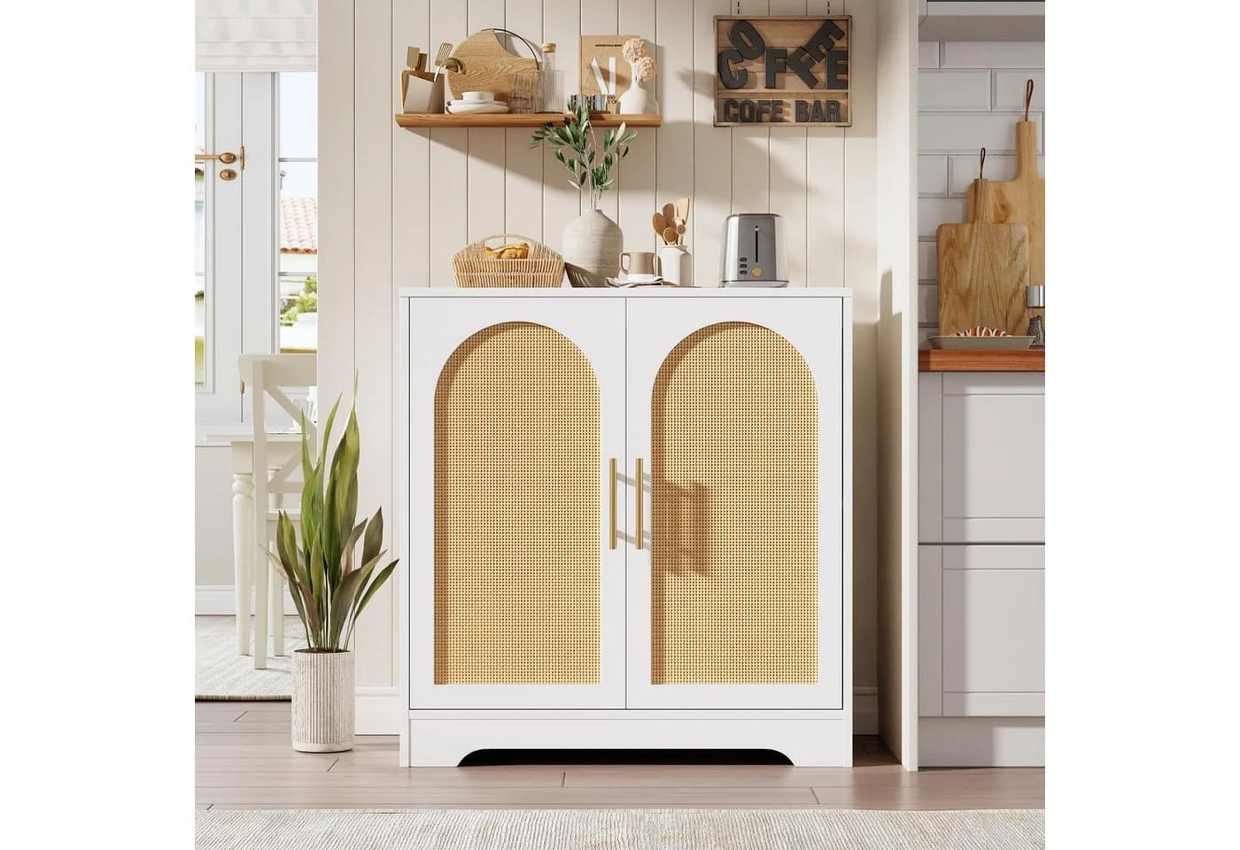 GarveeMore Sideboard Buffet Schrank mit Rattan Türen Weiß - Bild 2