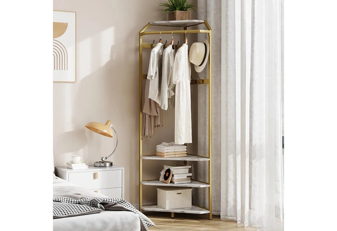 GarveeMore Garderobenständer Eckgarderobe Gold 4 Ablagefächer