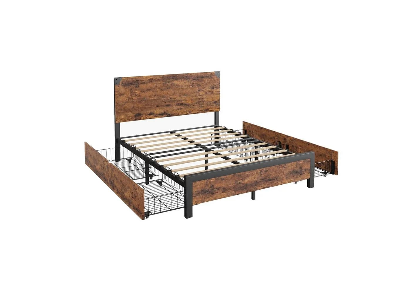GarveeMore Bettgestell Queen Schwarz Vintage Metallrahmen mit Stauraum