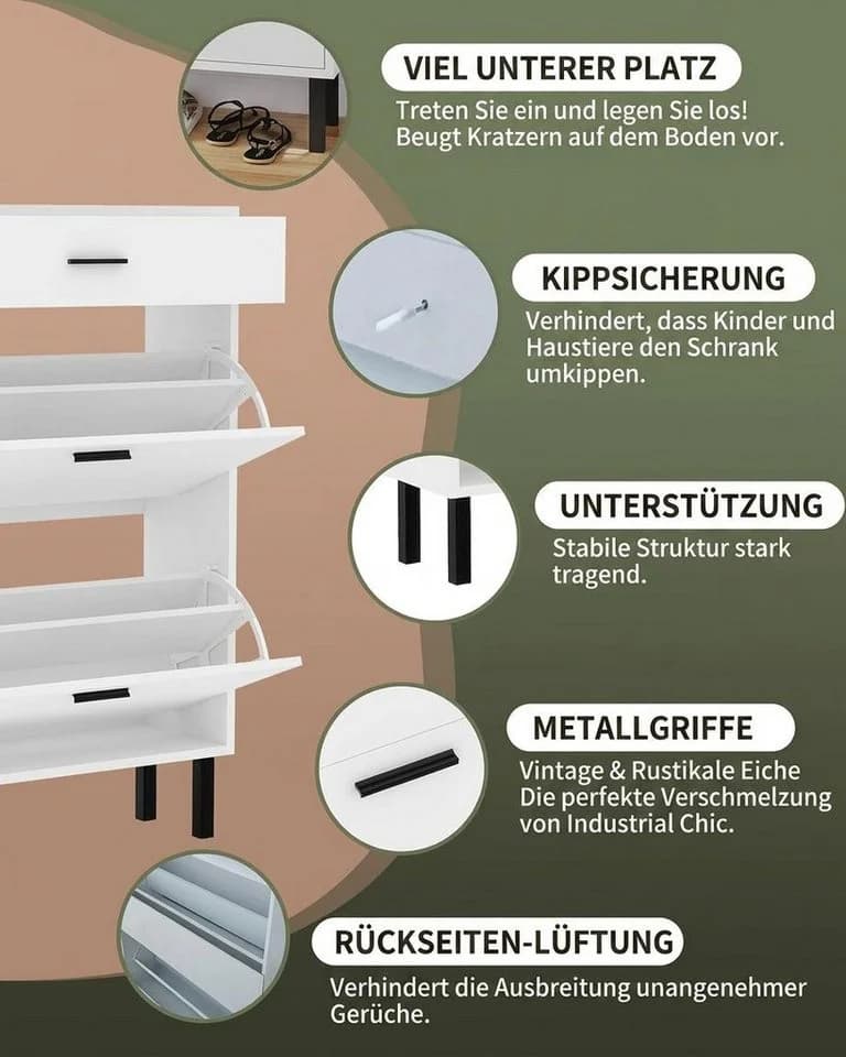 GarveeMore Schuhschrank aus Holz mit 3 Schubladen und 2 verstellbaren Regalböden - Bild 5