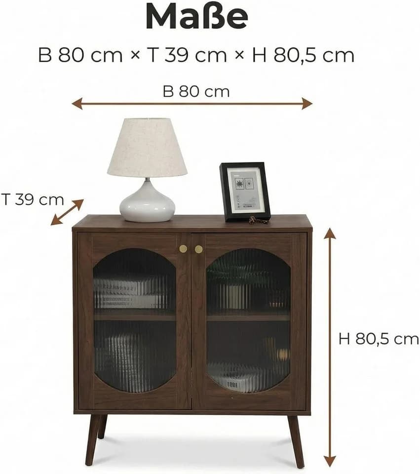GarveeMore Sideboard mit 2 Glastüren Braun Glas Massivholz - Bild 1