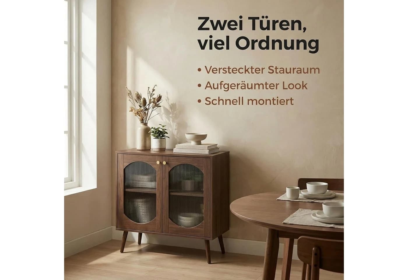 GarveeMore Sideboard mit 2 Glastüren Braun Glas Massivholz - Bild 3