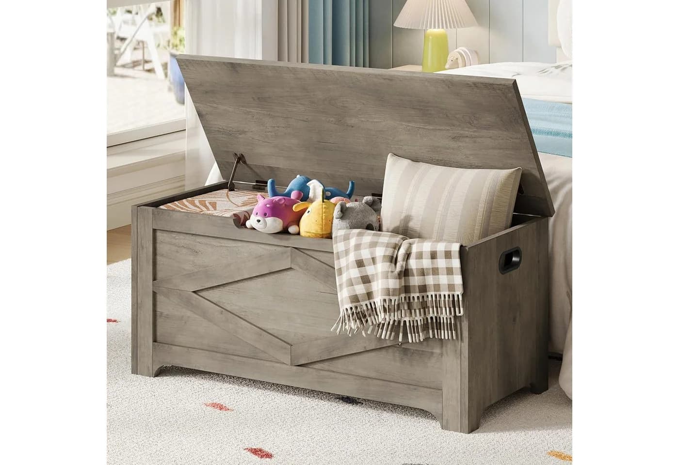 GarveeMore Sitztruhe 100cm Aufbewahrungsbank Holz Sicherheitsscharniere - Bild 5