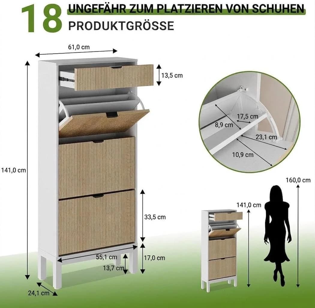 GarveeMore Schuhschrank 3 Klappfächer 1 Schublade Weiß
