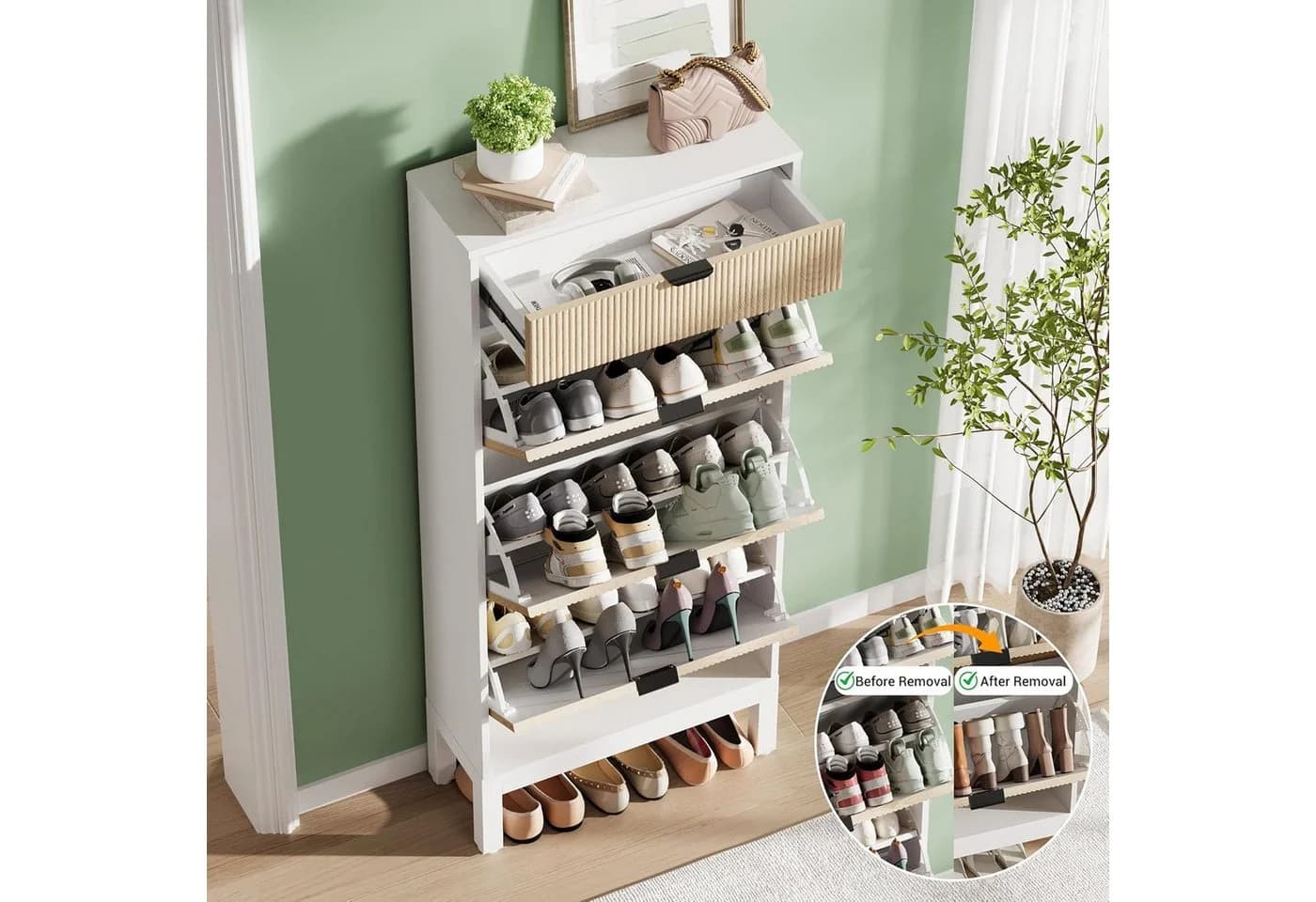GarveeMore Schuhschrank 3 Klappfächer 1 Schublade Weiß - Bild 5