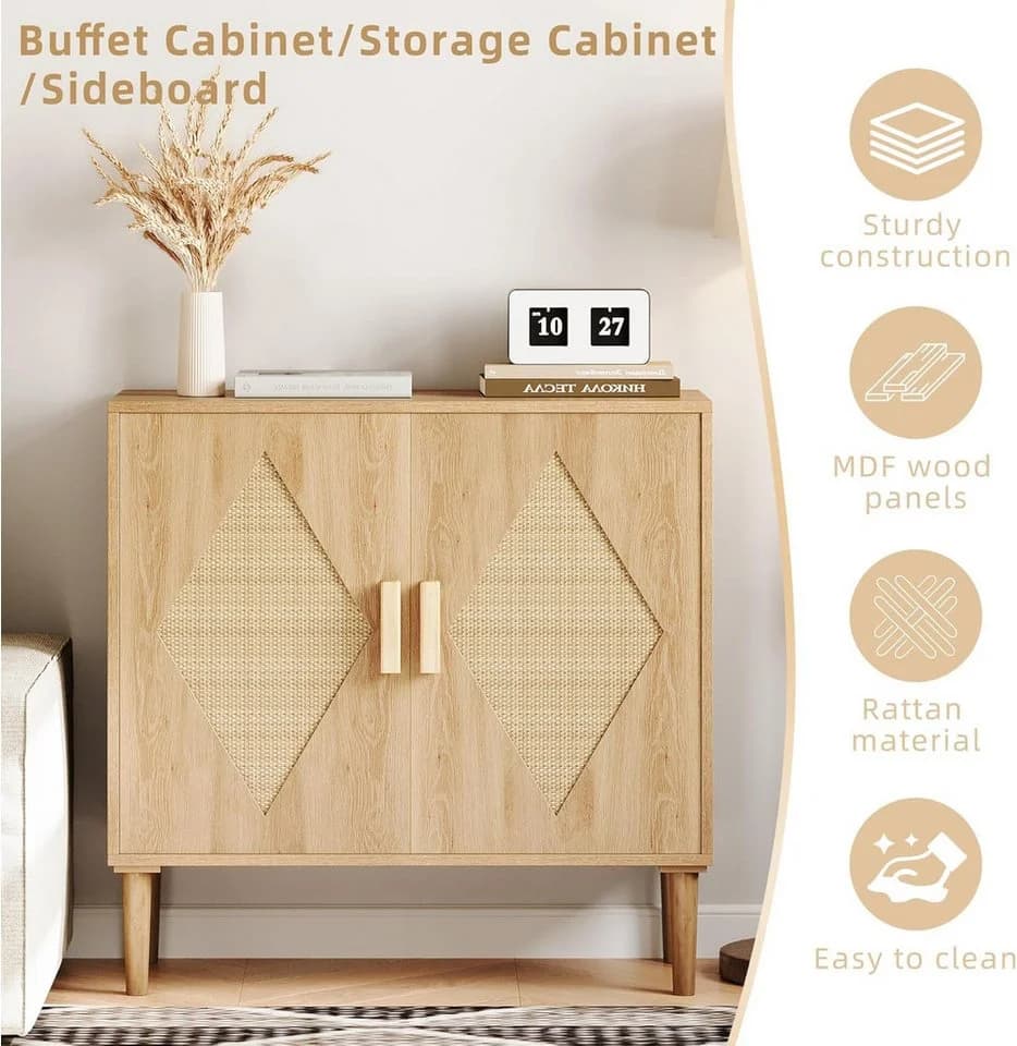 GarveeMore Sideboard aus Rattan mit Stauraum, dekorative Doppeltür-Schränke, 80x35x79cm - Bild 3