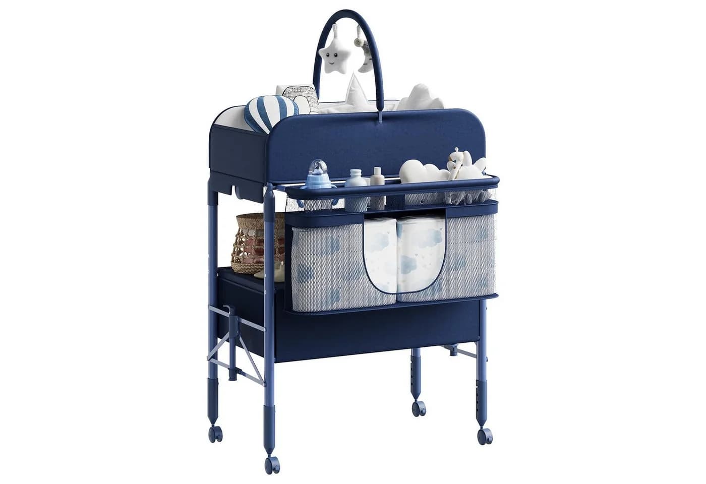 GarveeMore Wickeltisch Höhenverstellbar Klappbar Blau mit Rollen & Schubladen - Bild 2
