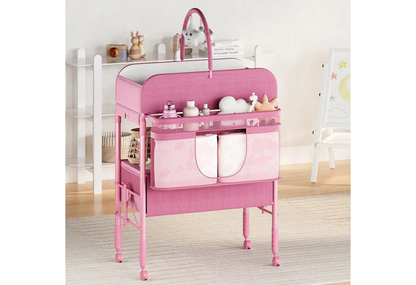 GarveeMore Wickeltisch Rosa Höhenverstellbar Klappbar mit Rollen & Schubladen - Bild 2