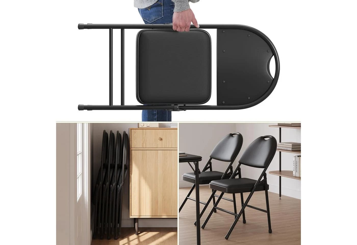 GarveeMore Klappstuhl Set 2 Stühle Schwarz Kunstleder Gepolstert - Bild 4