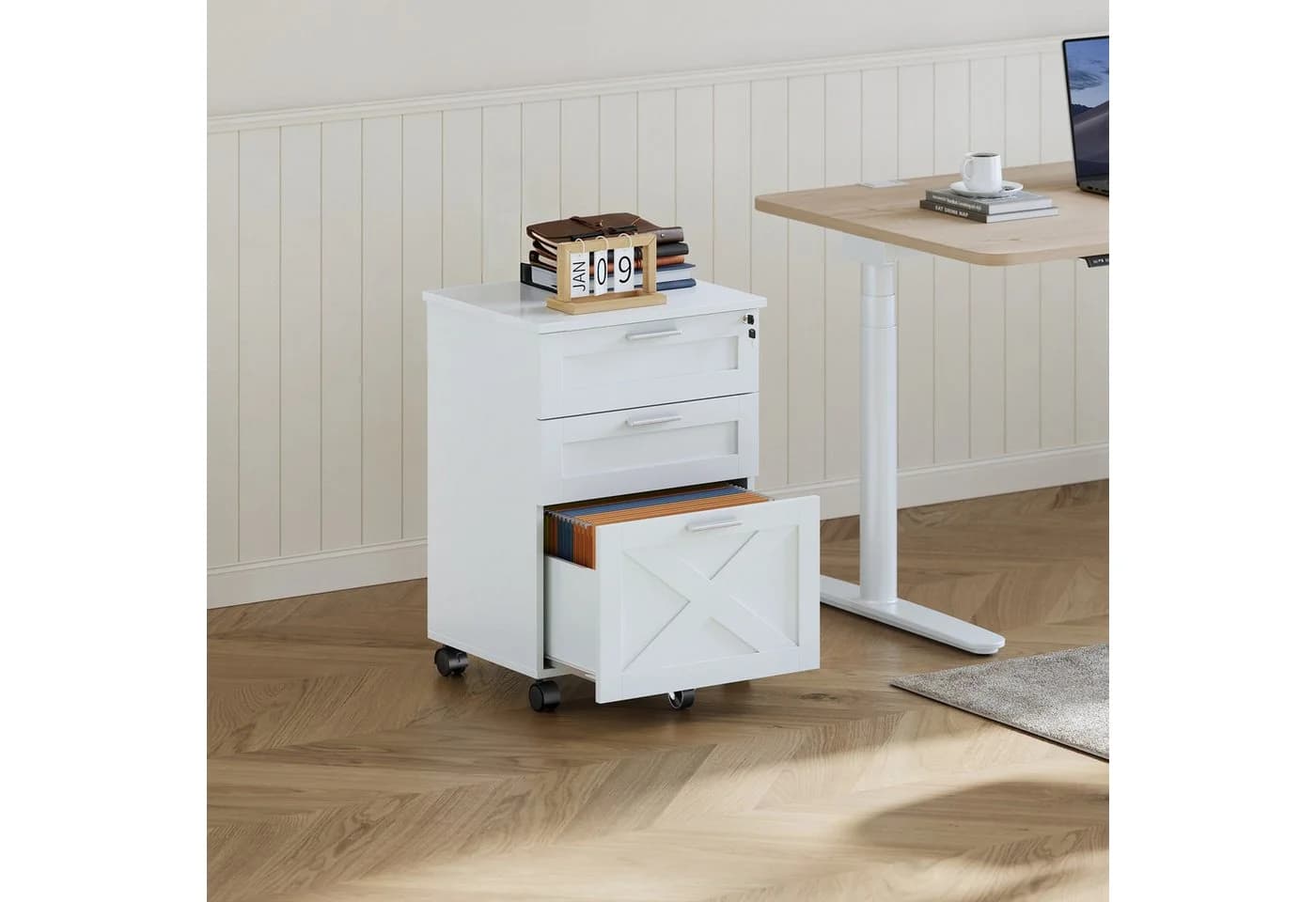 GarveeMore Aktenschrank Rollcontainer 3 Schubladen Weiß Massivholz