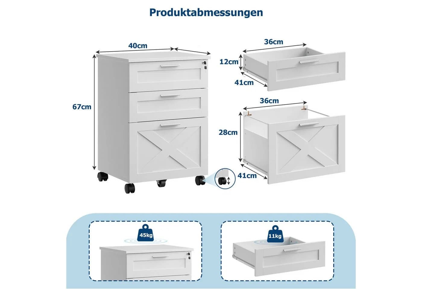 GarveeMore Aktenschrank Rollcontainer 3 Schubladen Weiß Massivholz - Bild 3