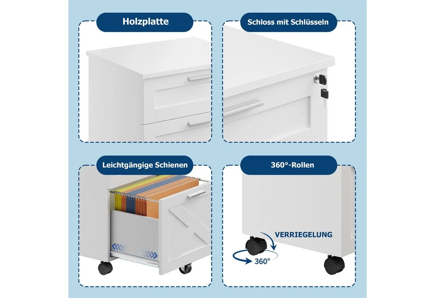 GarveeMore Aktenschrank Rollcontainer 3 Schubladen Weiß Massivholz - Bild 4