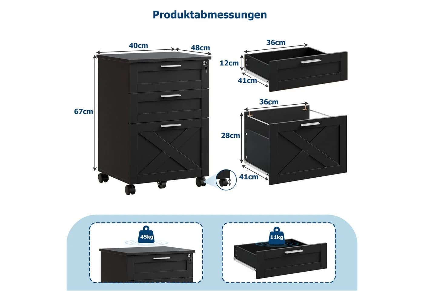 GarveeMore Aktenschrank Rollcontainer 3 Schubladen Schwarz - Bild 3