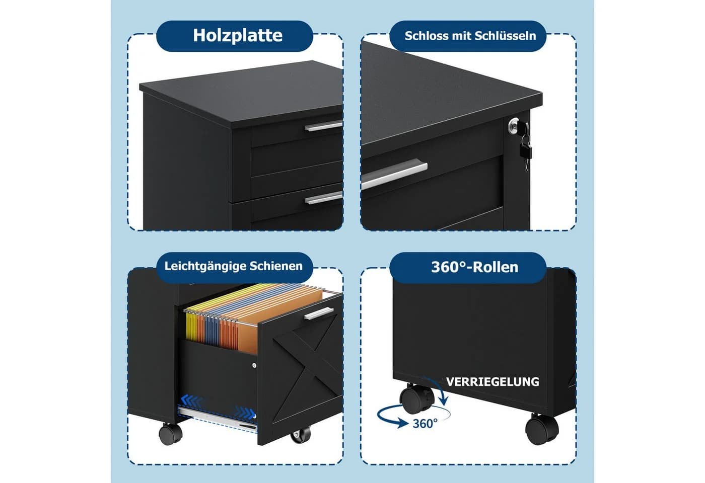 GarveeMore Aktenschrank Rollcontainer 3 Schubladen Schwarz - Bild 4