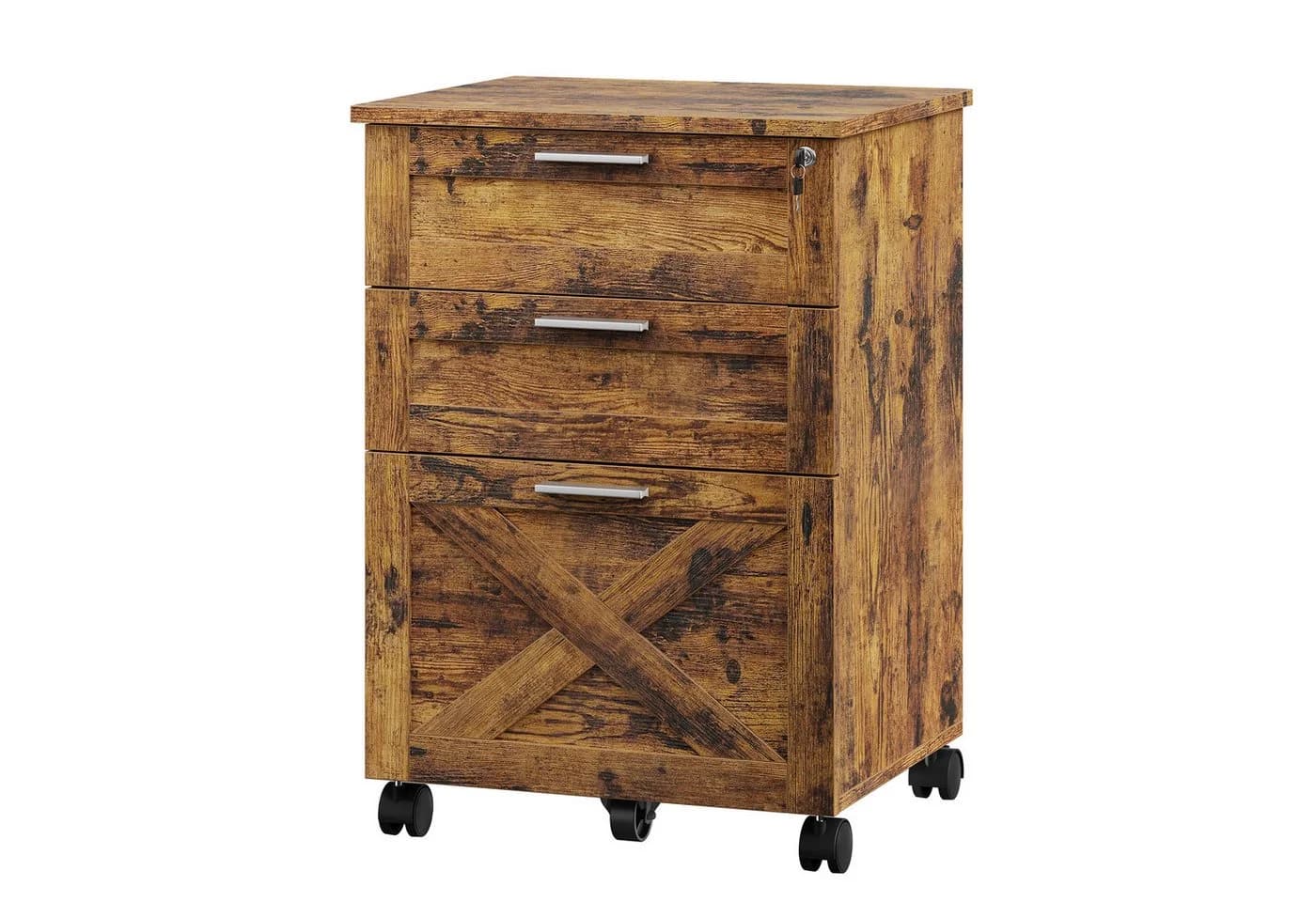 GarveeMore Aktenschrank Rollcontainer 3 Schubladen Braun Massivholz - Bild 2
